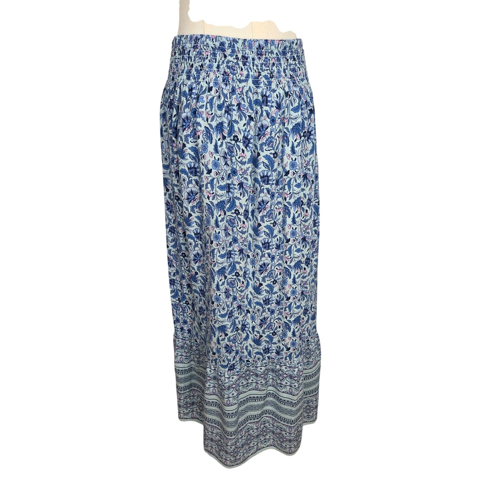 J. Jill Maxi Skirt Size S Blue Floral Smocked Waist Rayon Boho Cottagecore Flowy